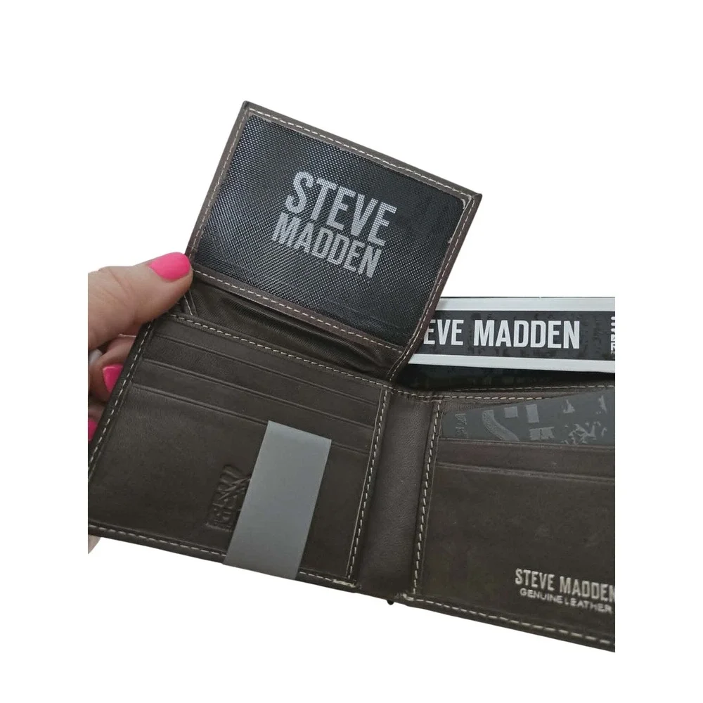 Steve Madden Mens Black Genuine Leather RFID Blocking Passcase Bifold Wallet NIB